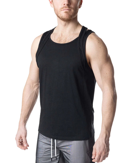 Black sleeveless double top tank top with round neckline and subtle side seam detailing ideal for casual wear