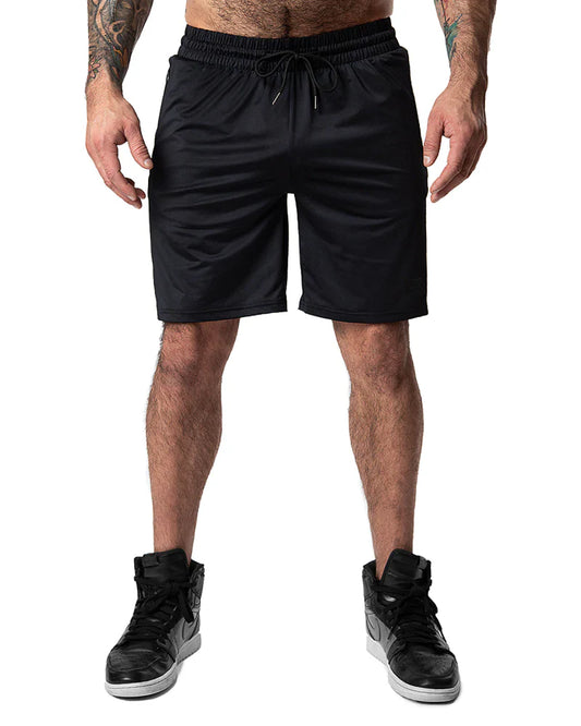Black drill short athletic shorts with elastic waistband and drawstring designed for training and workouts
