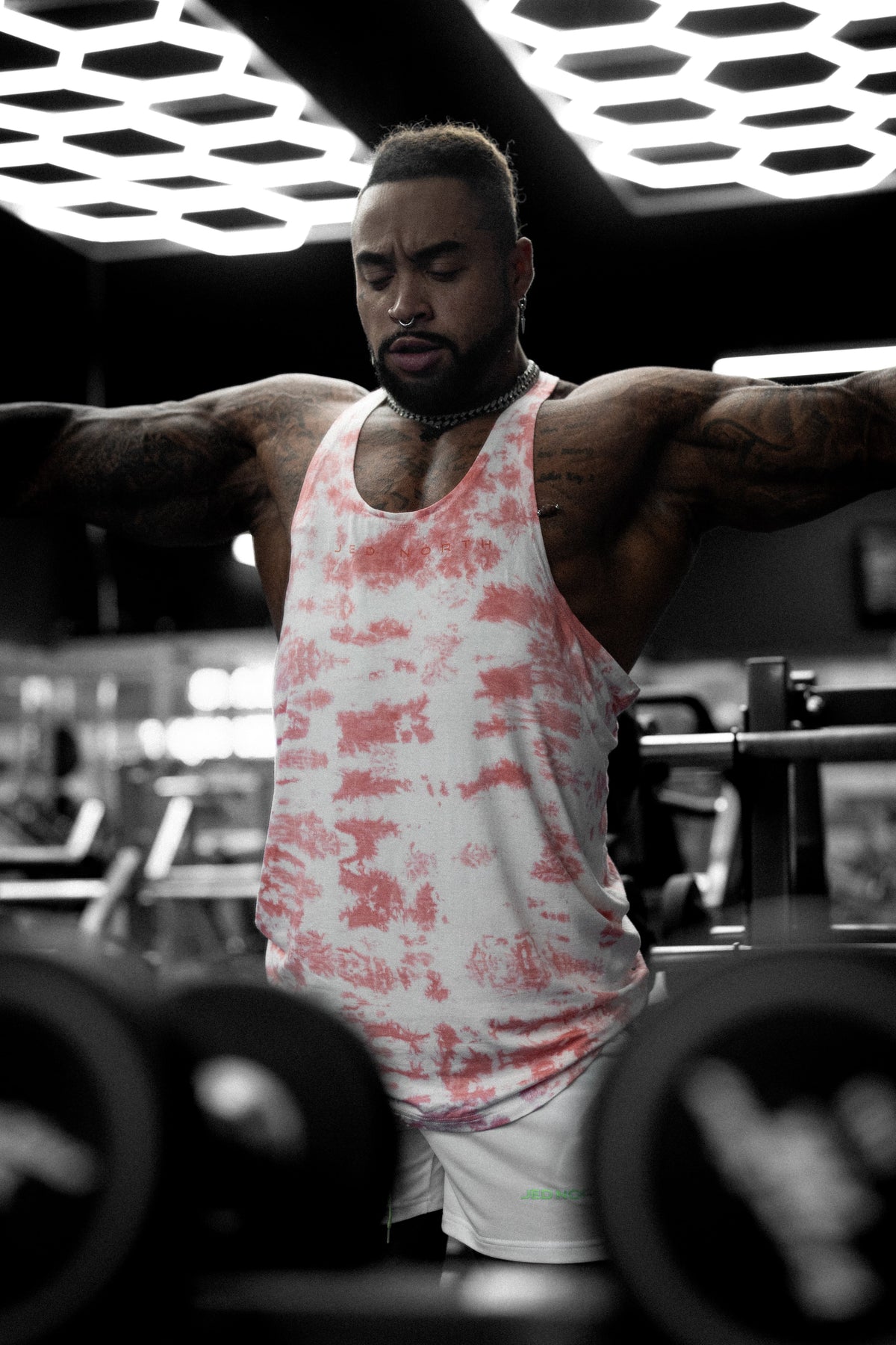 Jed North Men's Classic Bodybuilding Racerback Stringer - Red Tie Dye
