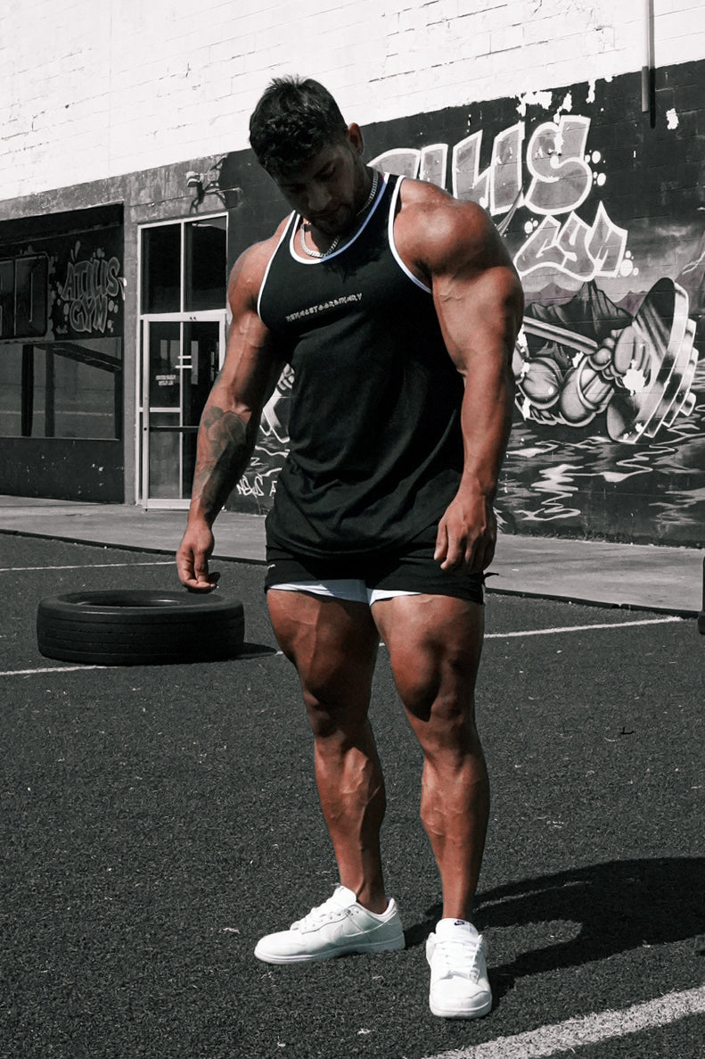 Jed North Men's Fast-Dry Bodybuilding Workout Stringer - Black w/ White Trim