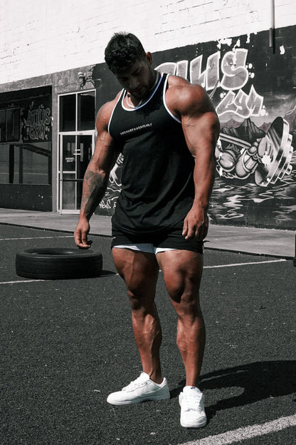 Jed North Men's Fast-Dry Bodybuilding Workout Stringer - Black w/ White Trim