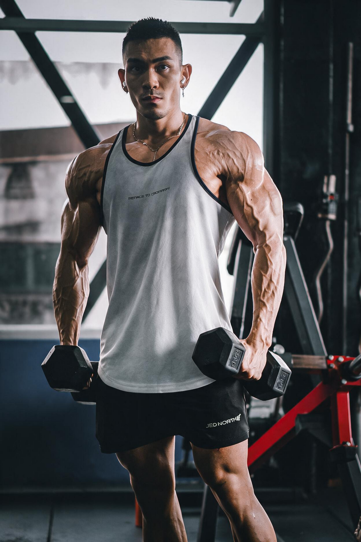 Jed North Men's Fast-Dry Bodybuilding Workout Stringer - Dusted White w/ Navy