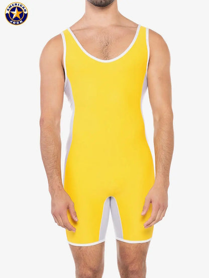 Men's gold yellow sports singlet with white side panels made by American Jock featuring a scoop neck and fitted design.