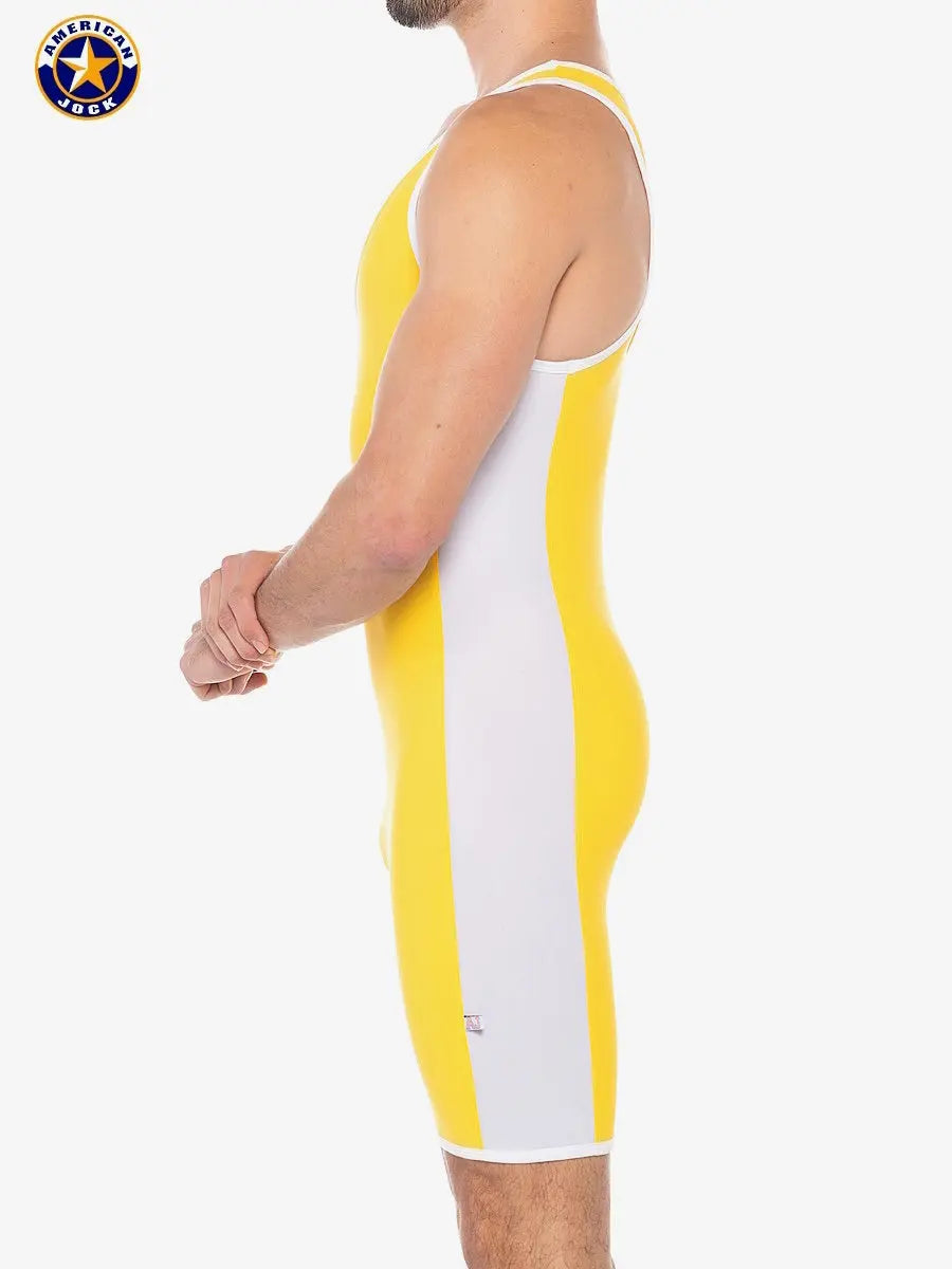 Men's gold yellow sports singlet by AMERICAN JOCK featuring a form-fitting design with white side panels and thin straps.