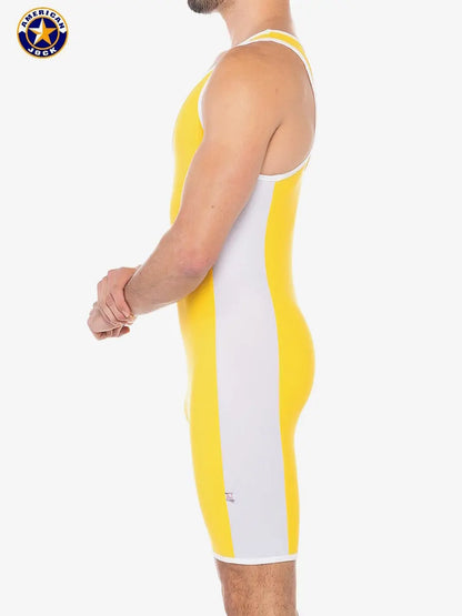 Men's gold yellow sports singlet by AMERICAN JOCK featuring a form-fitting design with white side panels and thin straps.