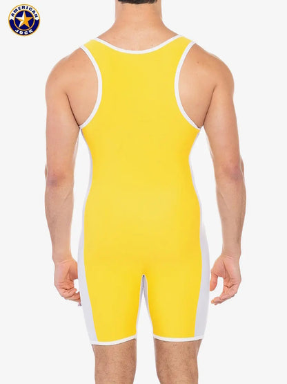 Men's gold yellow sports singlet by AMERICAN JOCK featuring a form-fitting design and white trim shown from the back.