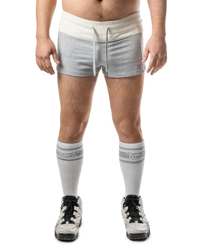 Gray and cream dual trunk short athletic shorts with drawstring waistband designed for comfortable activewear