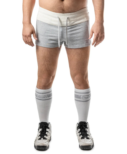 Gray and cream dual trunk short athletic shorts with drawstring waistband designed for comfortable activewear