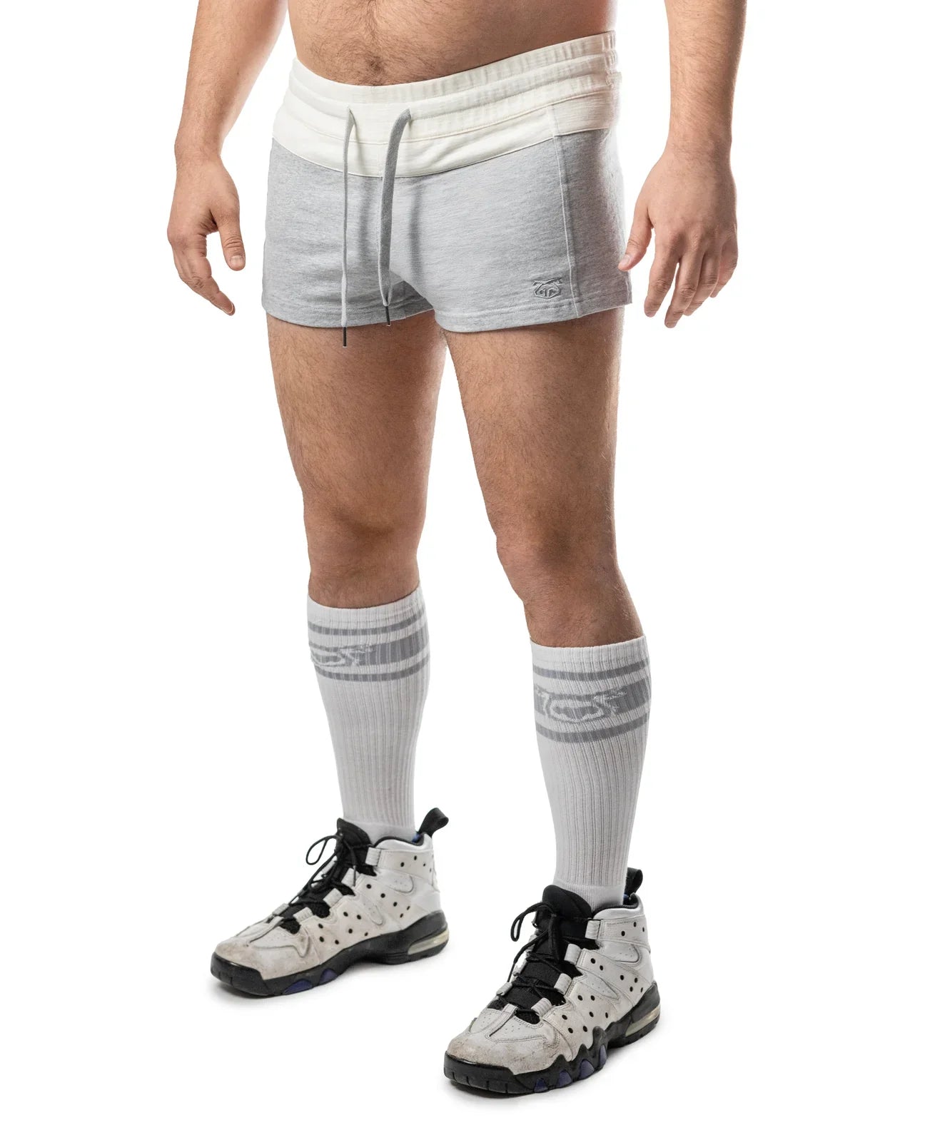 Gray and white dual trunk short athletic shorts with drawstring waistband for comfortable activewear