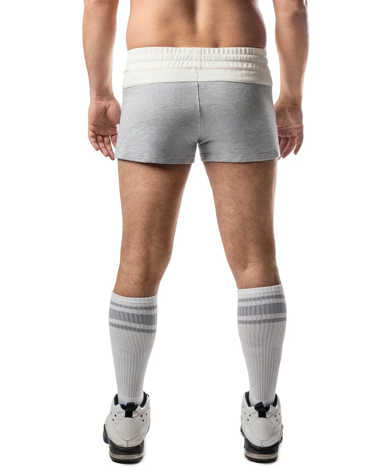 Gray dual trunk shorts with white elastic waistband designed for athletic use and comfortable fit