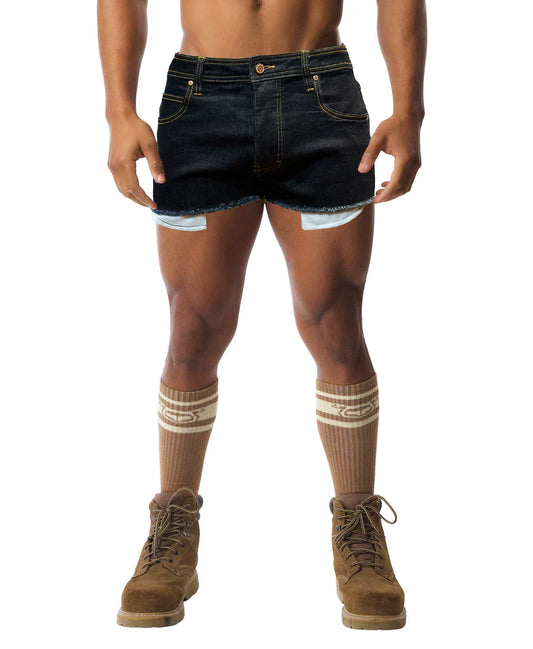 Duke short dark-wash denim shorts with frayed hems and light blue inner lining for casual wear