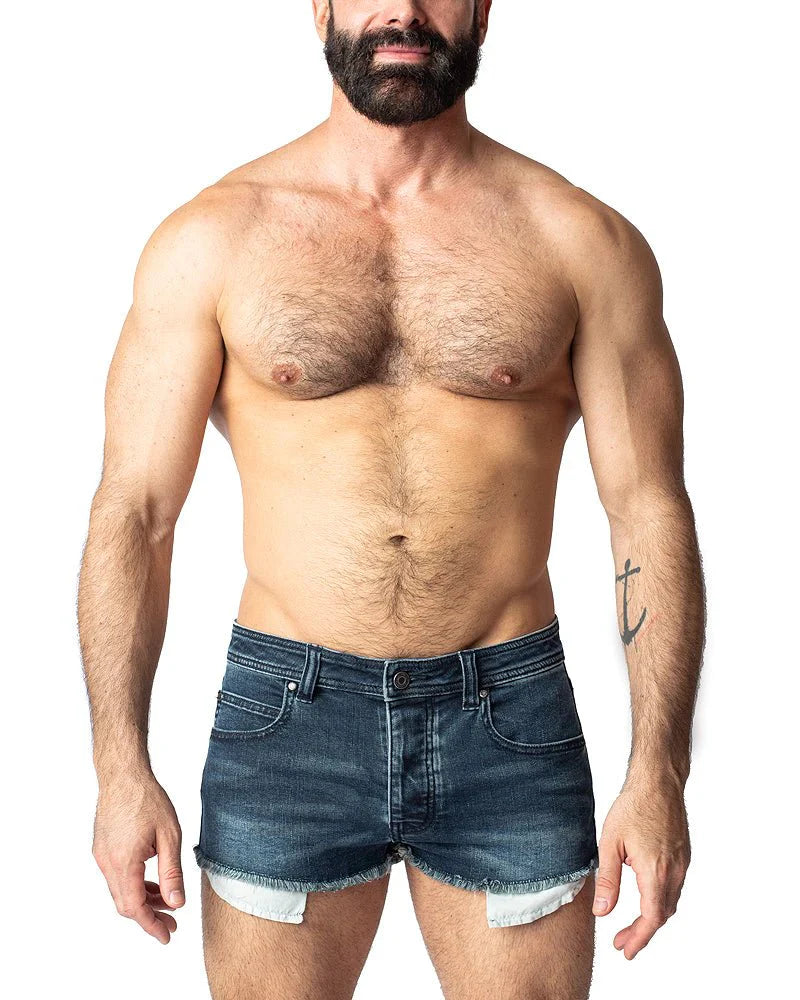 Duke short dark blue denim shorts with frayed hem and light-colored inner lining front view