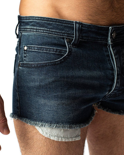 Dark blue denim duke short with frayed hem and visible stitching details for casual wear