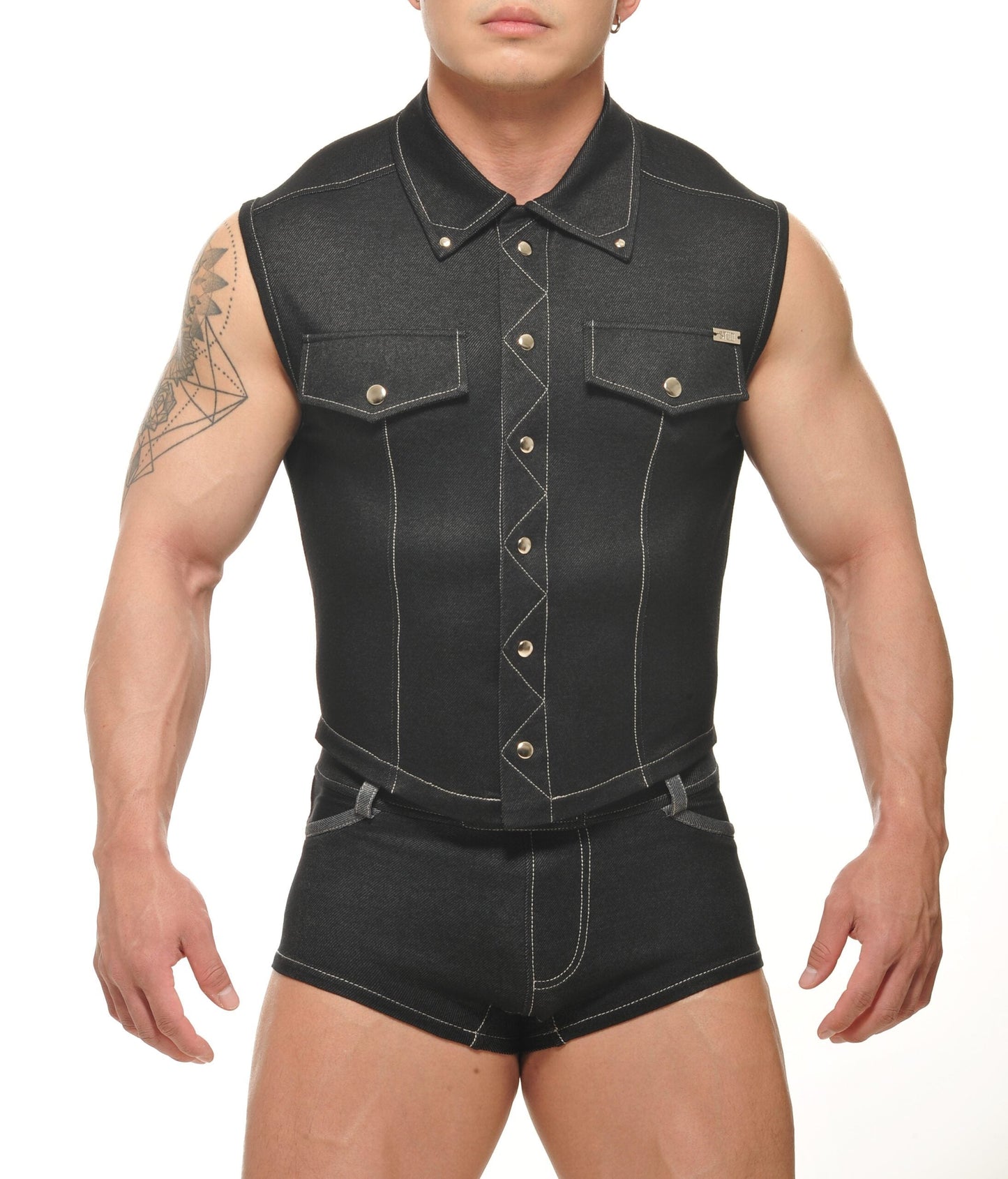 Durango denim muscle vest black sleeveless with silver toned buttons and white stitching details