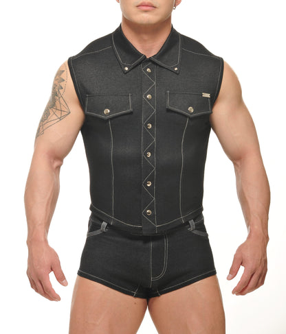 Durango denim muscle vest black sleeveless with silver toned buttons and white stitching details