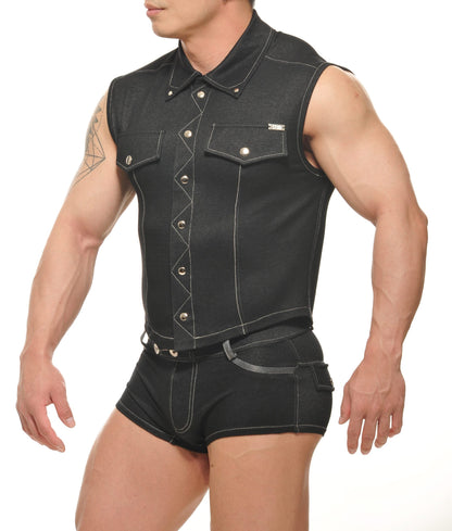 Black denim muscle vest durango denim sleeveless with silver toned buttons and contrasting stitching
