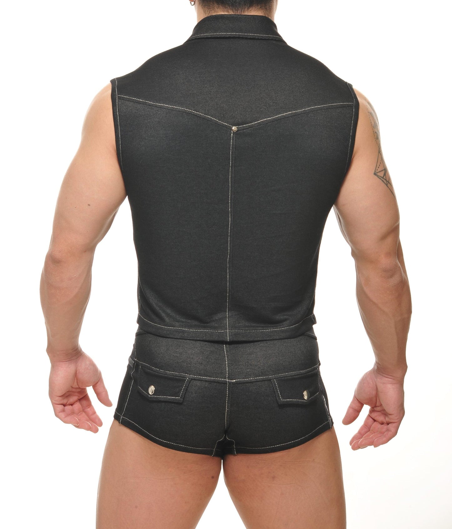 Durango denim muscle vest in black with white stitching paired with matching black denim shorts