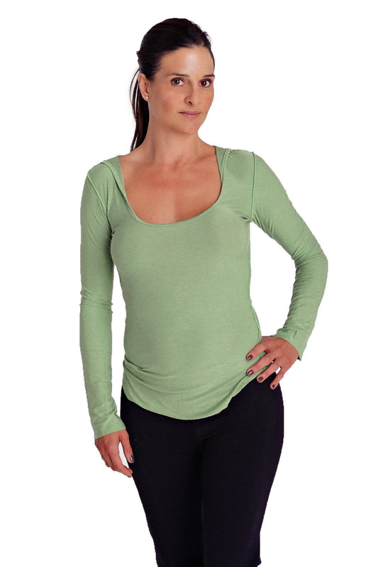 Deep scoop neck long sleeve hoodie top in soft bamboo green with flattering scoop neckline and subtle side ruching