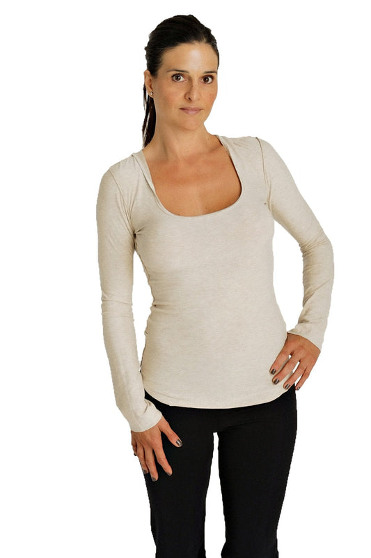 Beige long-sleeved fitted hoodie top with deep scoop neck in soft fabric for casual wear