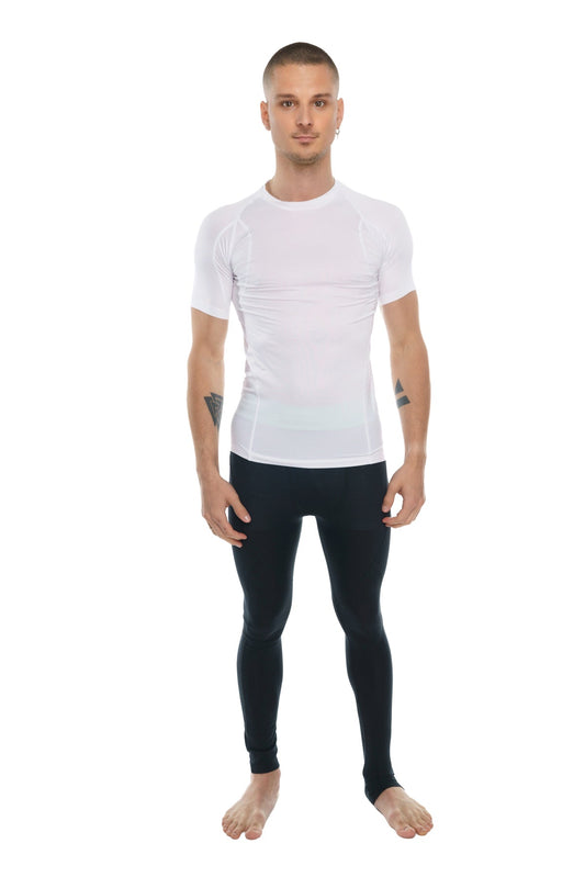 Designer Raglan crew-neck tee in arctic white with short sleeves and subtle ribbed texture for compression wear