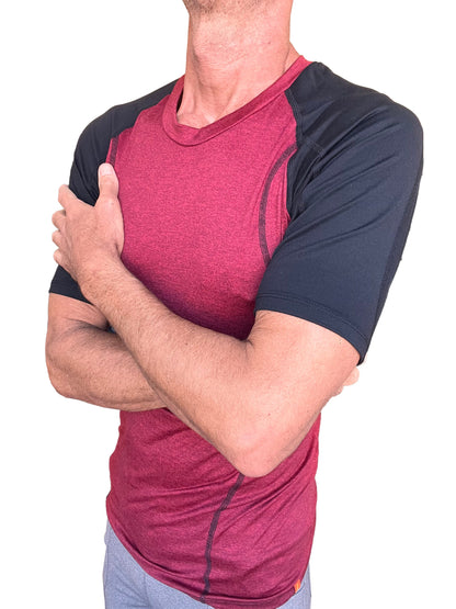 Designer raglan crew-neck tee in brick with black raglan sleeves and subtle seam detailing for athletic wear