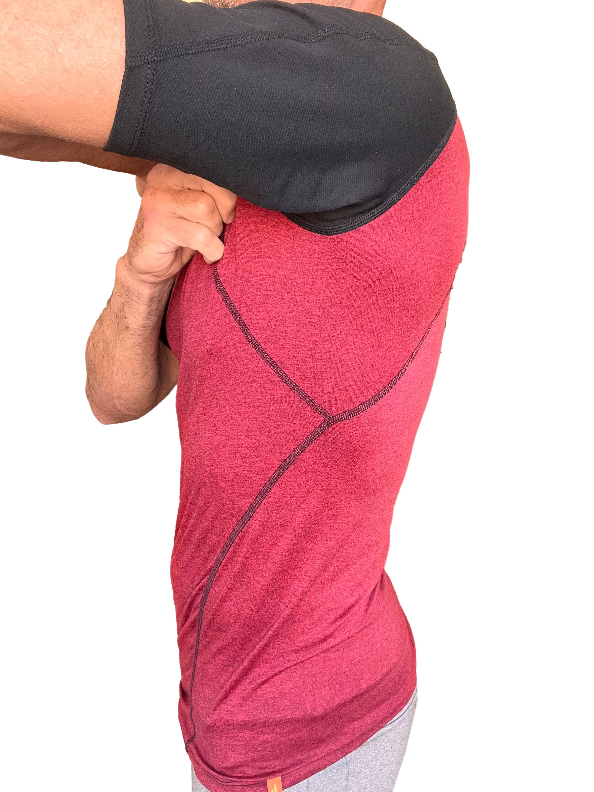 Red heathered designer raglan crew-neck tee with black sleeve panel and stitching details for athletic wear