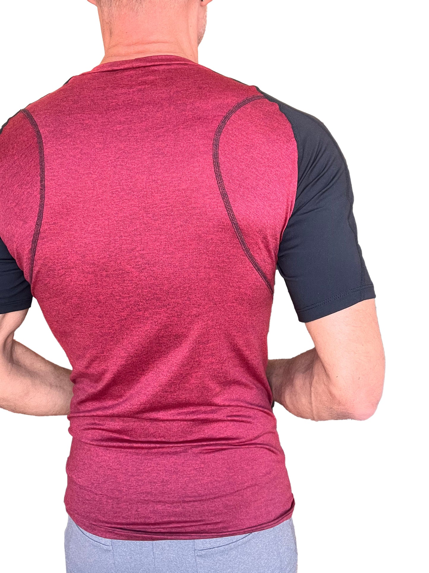 Designer raglan crew-neck tee brick w black sleeve heathered maroon and black athletic short-sleeve shirt with contrasting seams