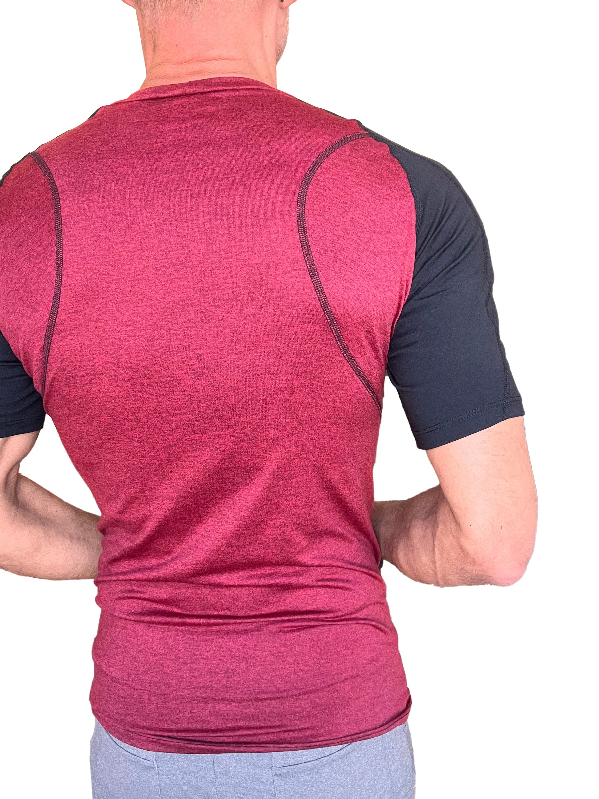 Designer raglan crew-neck tee brick w black sleeve heathered maroon and black athletic short-sleeve shirt with contrasting seams