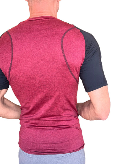 Designer raglan crew-neck tee brick w black sleeve heathered maroon and black athletic short-sleeve shirt with contrasting seams