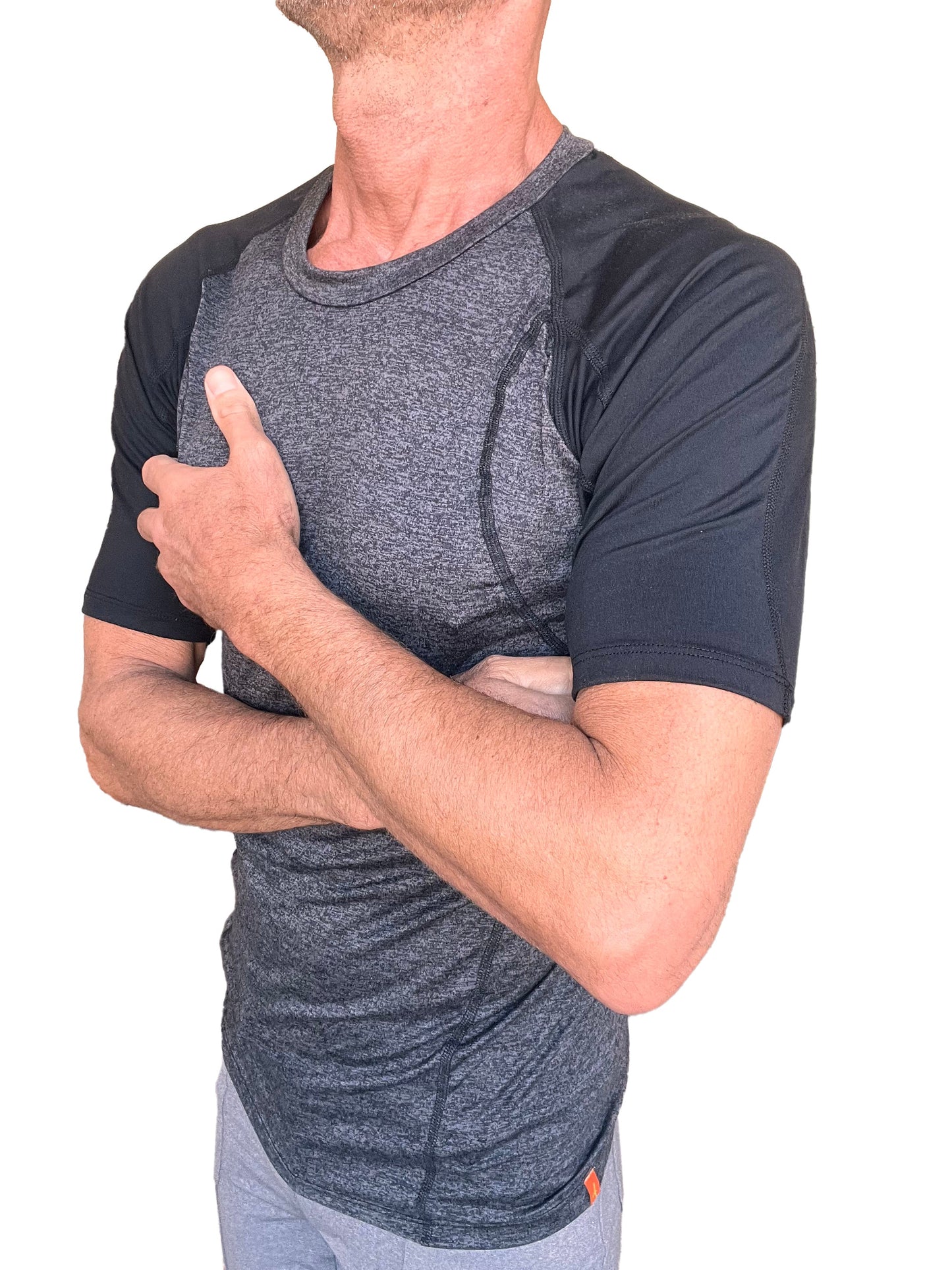 Men’s designer raglan crew-neck athletic shirt with heathered charcoal torso and black sleeves with seam detailing