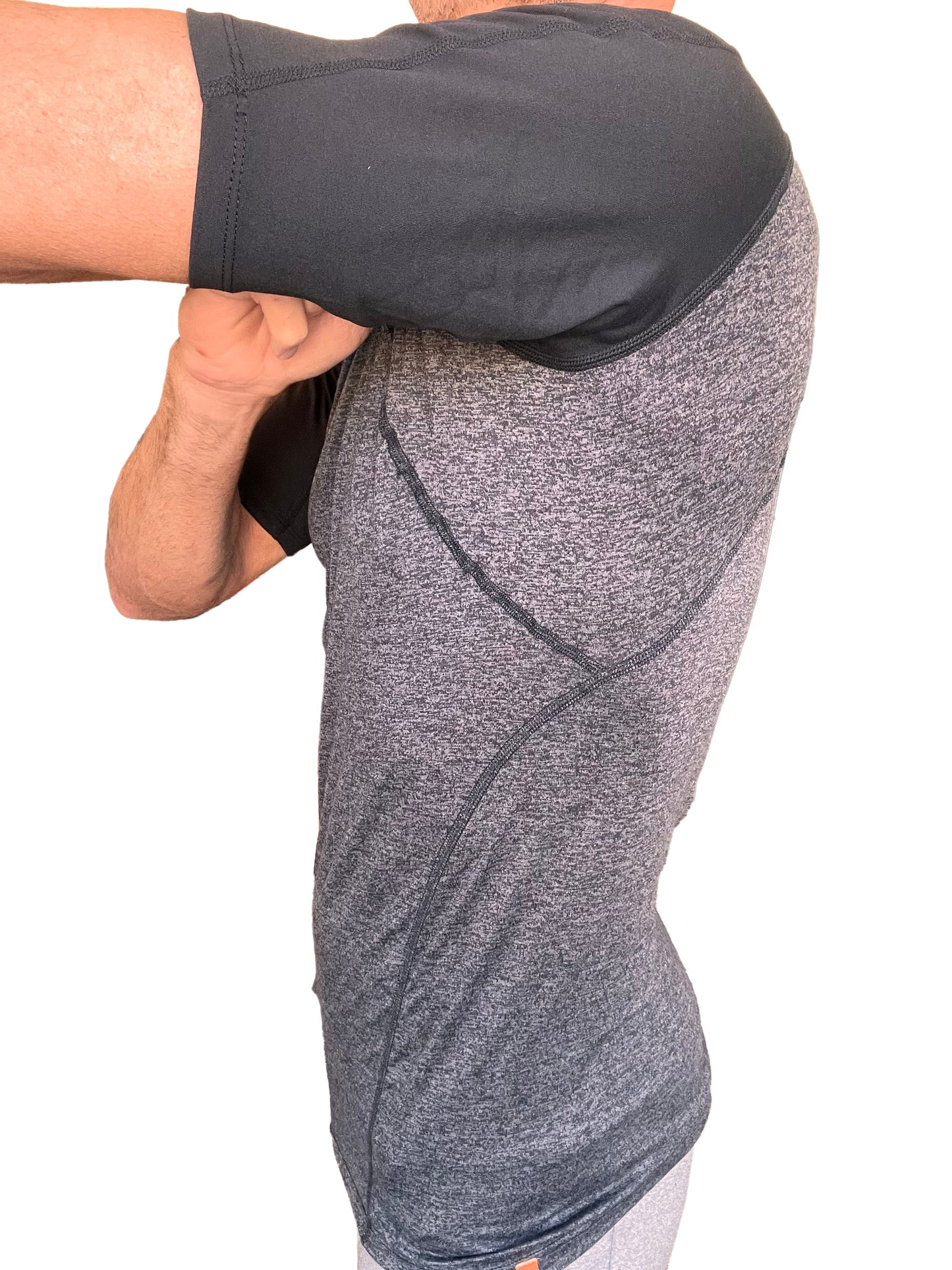 Designer raglan crew-neck tee in charcoal with black reinforced shoulder panel made of gray heathered athletic fabric