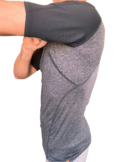 Designer raglan crew-neck tee in charcoal with black reinforced shoulder panel made of gray heathered athletic fabric
