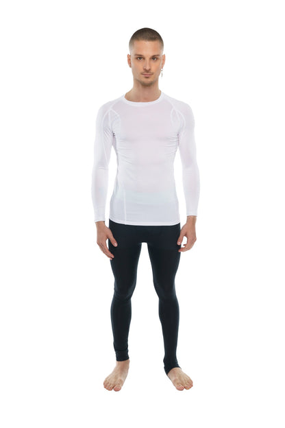 White long-sleeved designer raglan crew-neck compression shirt with subtle seam detailing in arctic white