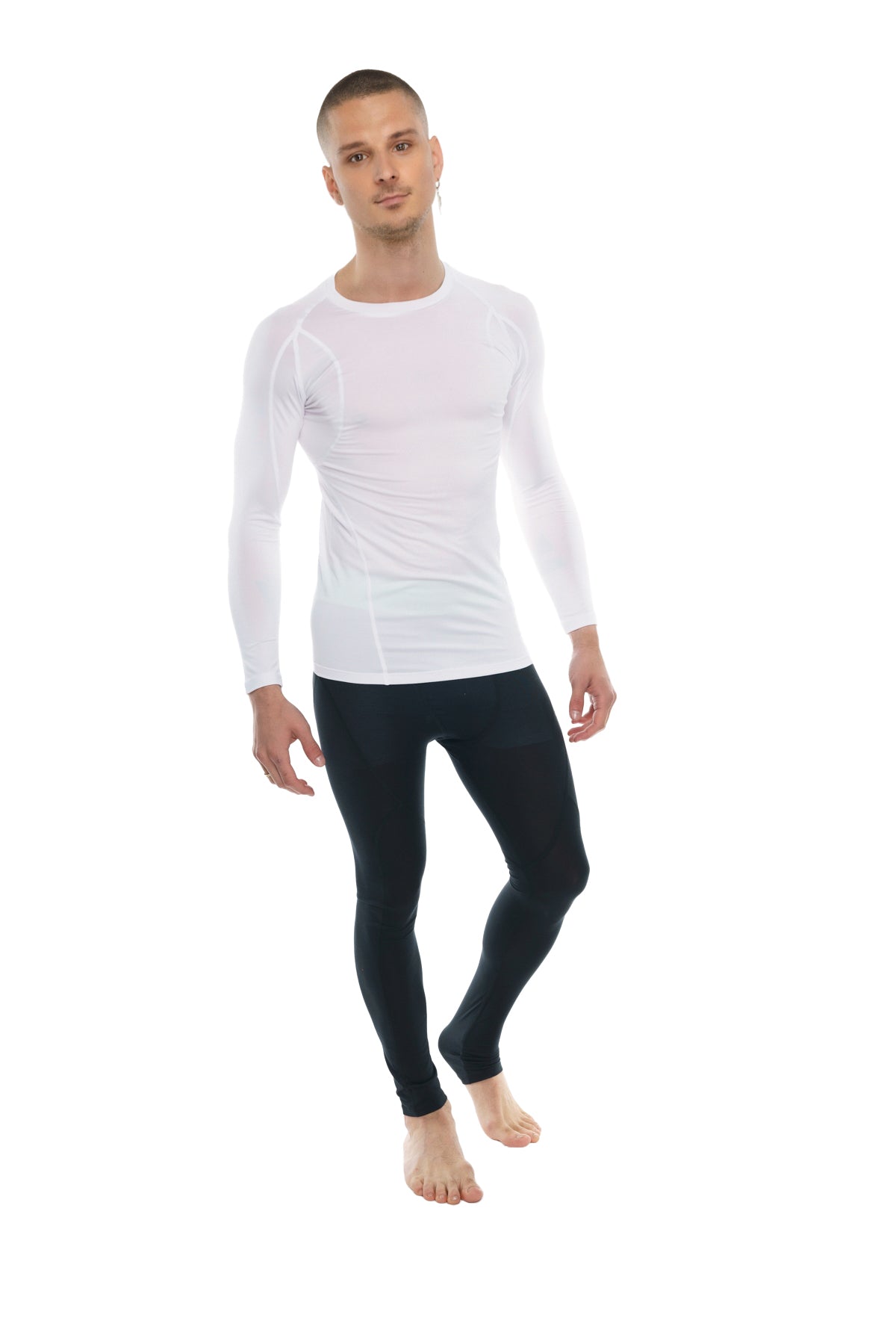 White long-sleeved compression designer raglan crew-neck tee with subtle gray logo on the left chest in arctic white