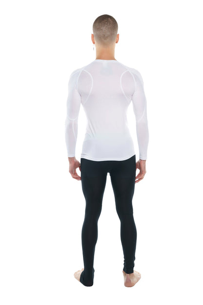 White long-sleeved designer raglan crew-neck compression shirt with subtle textured panels on shoulders and upper arms