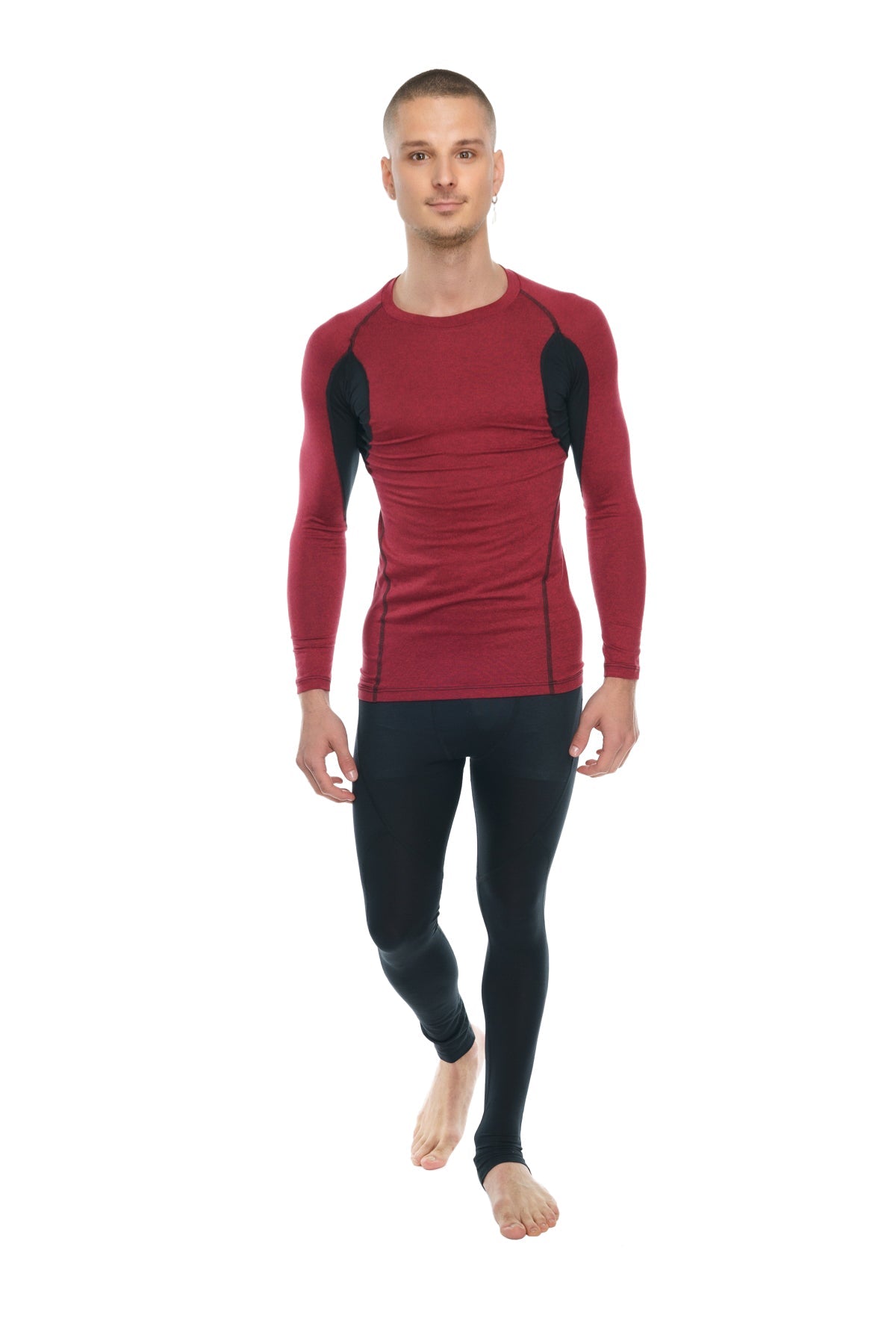 Red and black long-sleeved compression shirt with contrasting shoulder panels in brick with black accent design