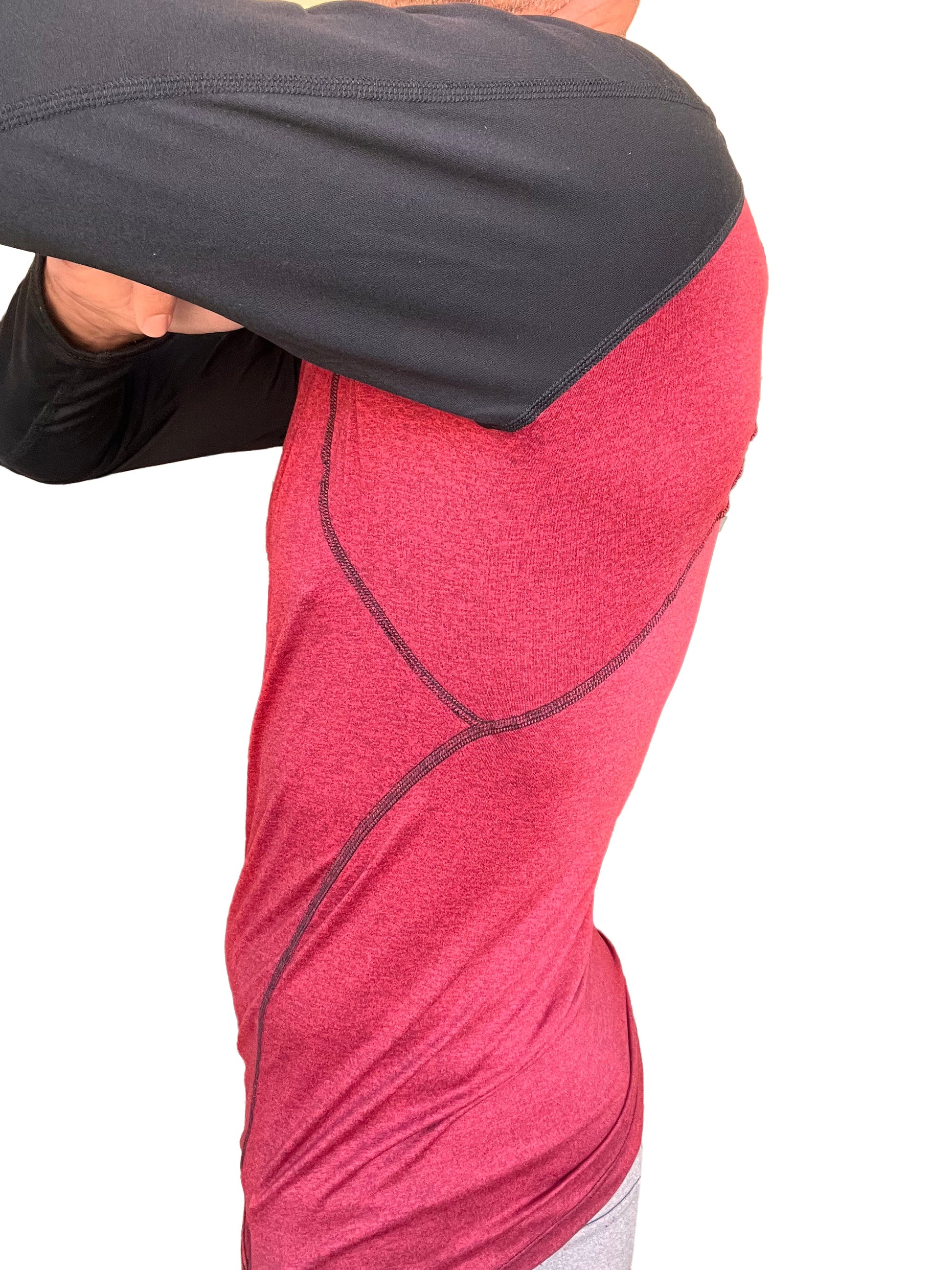 Designer raglan crew-neck long sleeve tee brick with black sleeve featuring textured fabric and reinforced seams