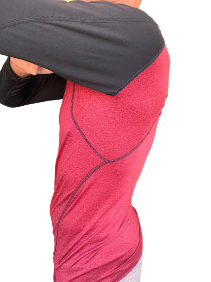 Designer raglan crew-neck long sleeve tee brick with black sleeve featuring textured fabric and reinforced seams