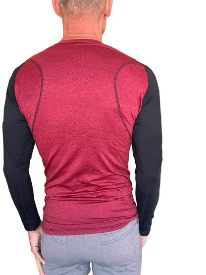 Men’s performance long-sleeve designer raglan crew-neck tee with heathered maroon torso and black sleeves with seam detail