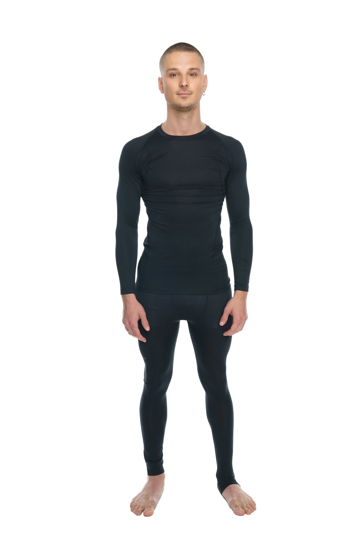 Black long-sleeved compression base layer set with designer raglan crew-neck tee in carbon black color