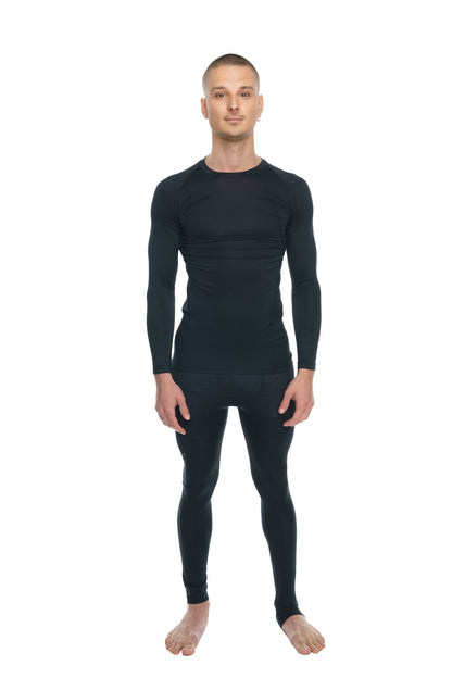 Black long-sleeved compression base layer set with designer raglan crew-neck tee in carbon black color