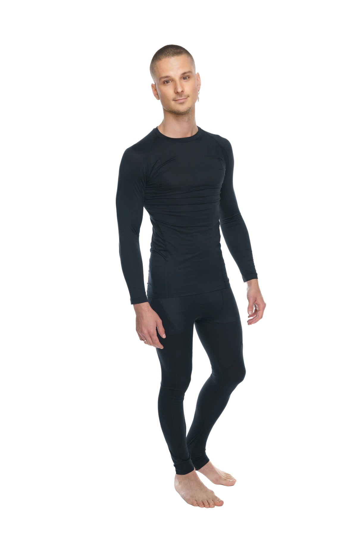 Black long-sleeved full-body compression suit shown from the back in designer raglan crew-neck tee carbon black style
