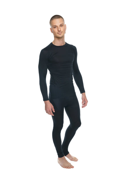 Black long-sleeved full-body compression suit shown from the back in designer raglan crew-neck tee carbon black style