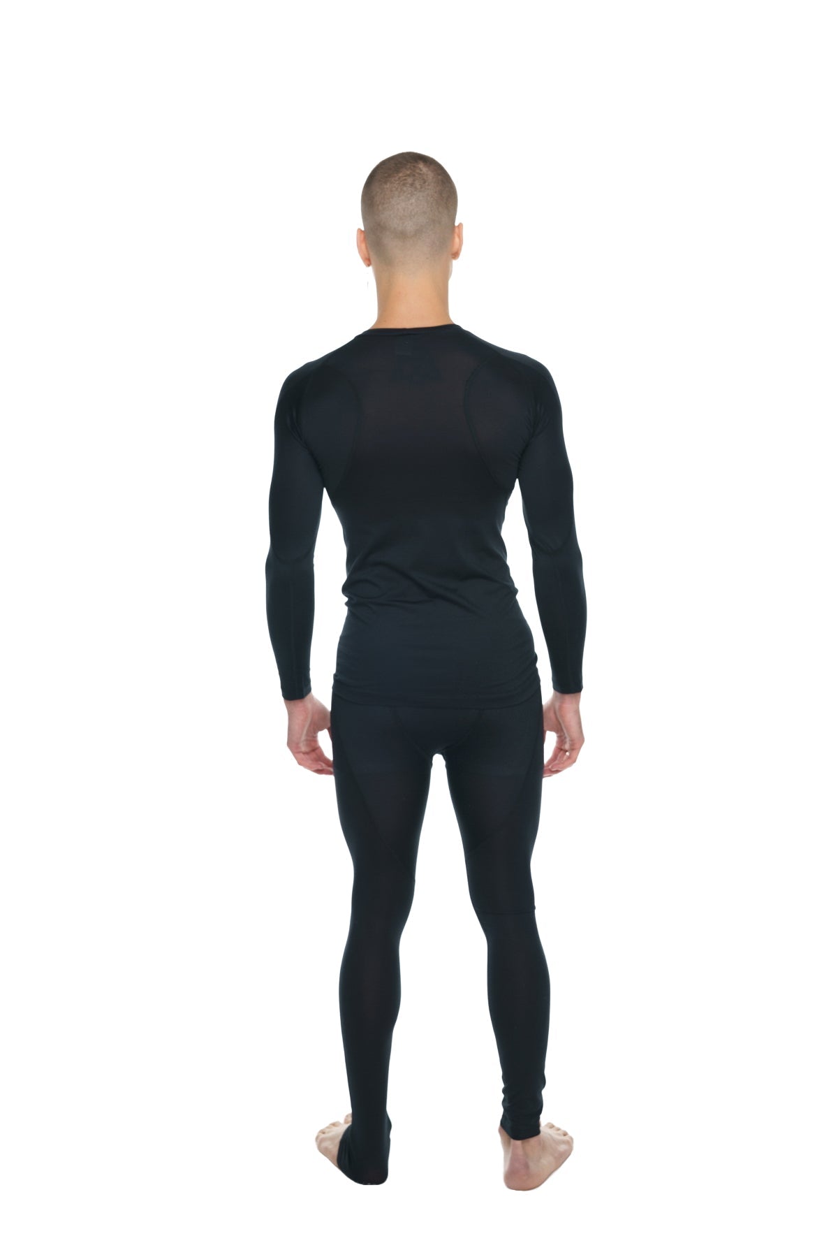 Black long-sleeved full-body compression suit with raglan crew-neck in carbon black for activewear use