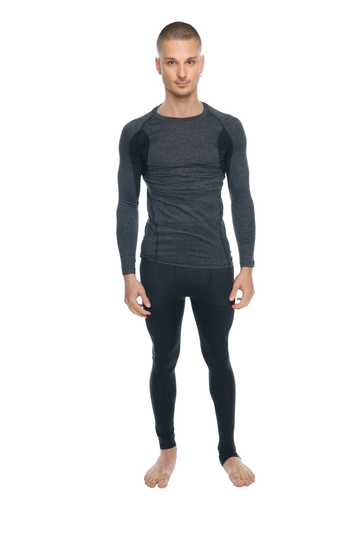 Designer raglan crew-neck tee long sleeve compression athletic wear set in charcoal with black accent for performance use