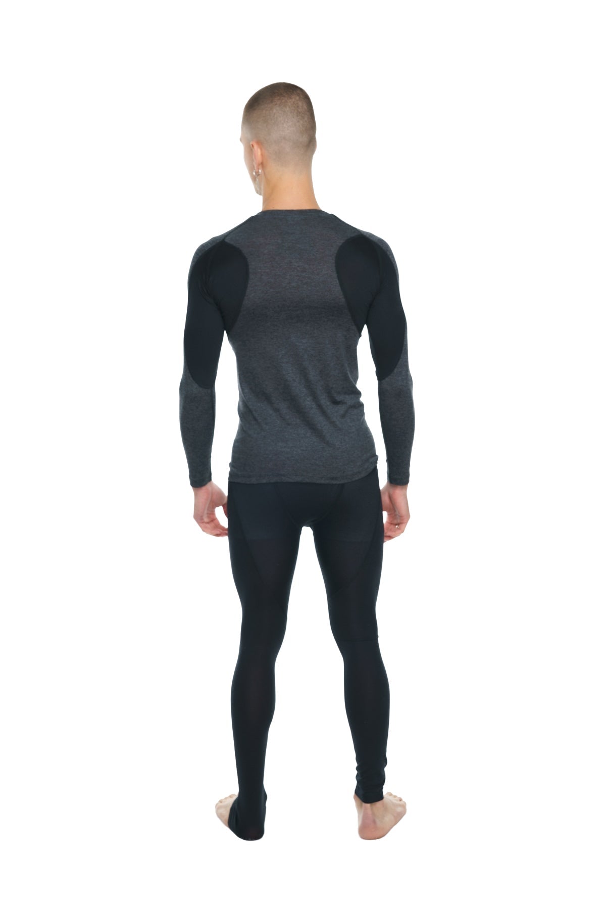 Designer raglan crew-neck long sleeve tee in charcoal with black accent featuring reinforced shoulder panels for performance use