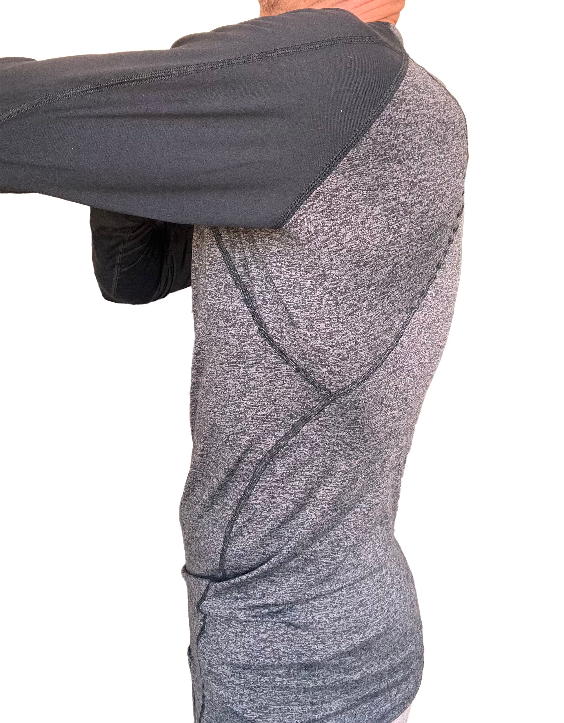 Gray heathered long-sleeve designer raglan crew-neck tee with black reinforced shoulder panels in charcoal and black