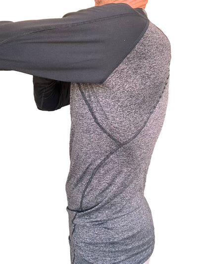 Gray heathered long-sleeve designer raglan crew-neck tee with black reinforced shoulder panels in charcoal and black
