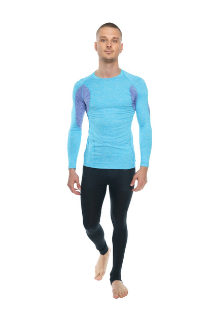 Light blue long-sleeved compression shirt with purple patterned shoulders from the designer raglan crew-neck tee coral shelf collection