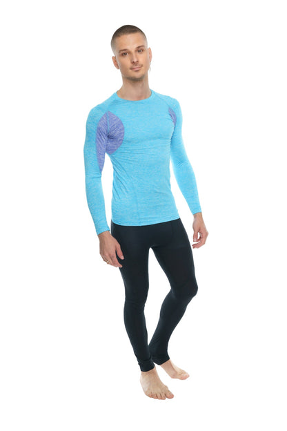 Designer raglan crew neck tee long sleeve in light blue with purple leaf patterned shoulder panels for athletic wear